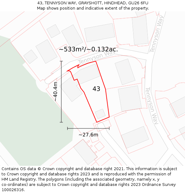 43, TENNYSON WAY, GRAYSHOTT, HINDHEAD, GU26 6FU: Plot and title map
