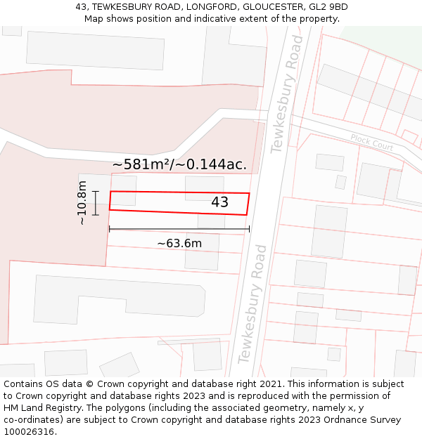 43, TEWKESBURY ROAD, LONGFORD, GLOUCESTER, GL2 9BD: Plot and title map