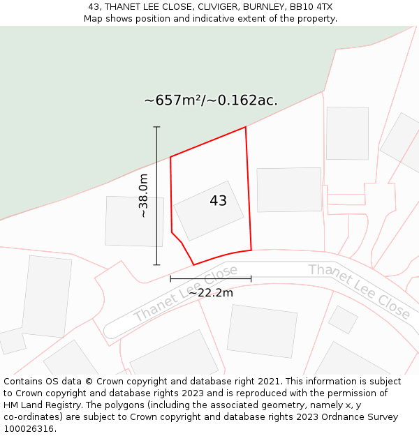 43, THANET LEE CLOSE, CLIVIGER, BURNLEY, BB10 4TX: Plot and title map