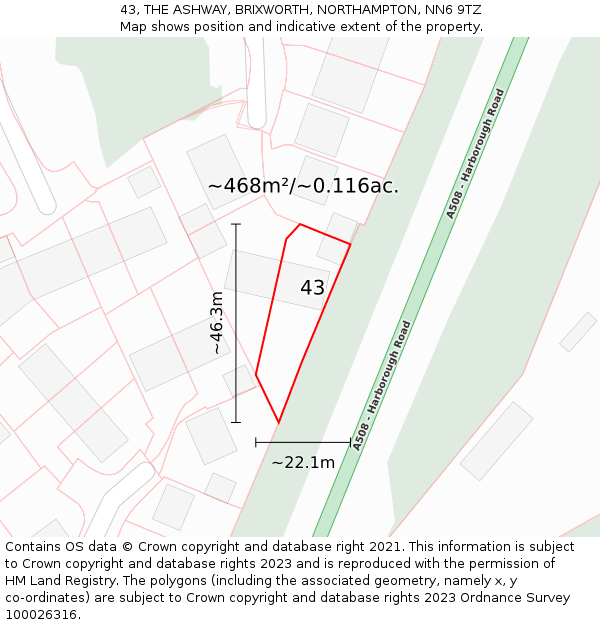 43, THE ASHWAY, BRIXWORTH, NORTHAMPTON, NN6 9TZ: Plot and title map