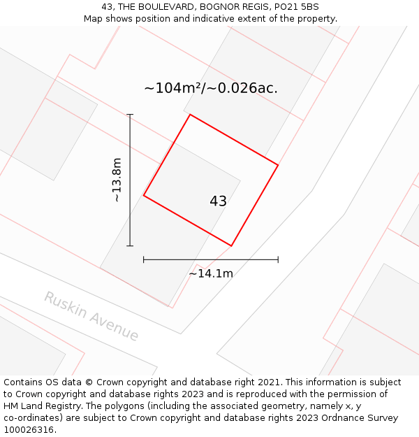 43, THE BOULEVARD, BOGNOR REGIS, PO21 5BS: Plot and title map