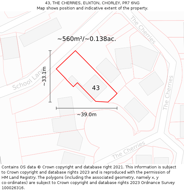 43, THE CHERRIES, EUXTON, CHORLEY, PR7 6NG: Plot and title map