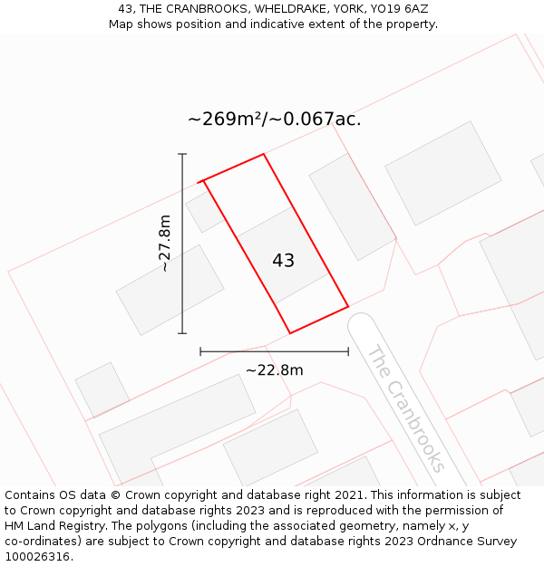 43, THE CRANBROOKS, WHELDRAKE, YORK, YO19 6AZ: Plot and title map
