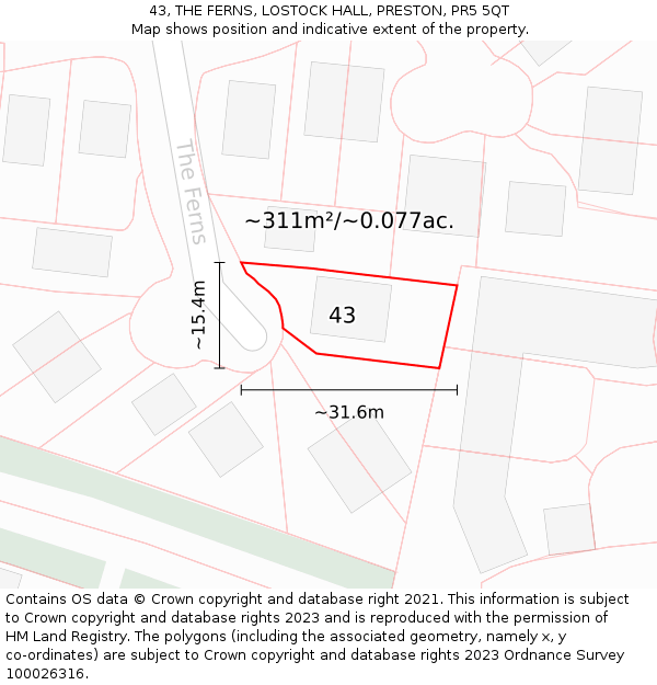 43, THE FERNS, LOSTOCK HALL, PRESTON, PR5 5QT: Plot and title map