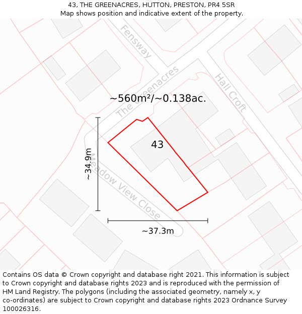 43, THE GREENACRES, HUTTON, PRESTON, PR4 5SR: Plot and title map