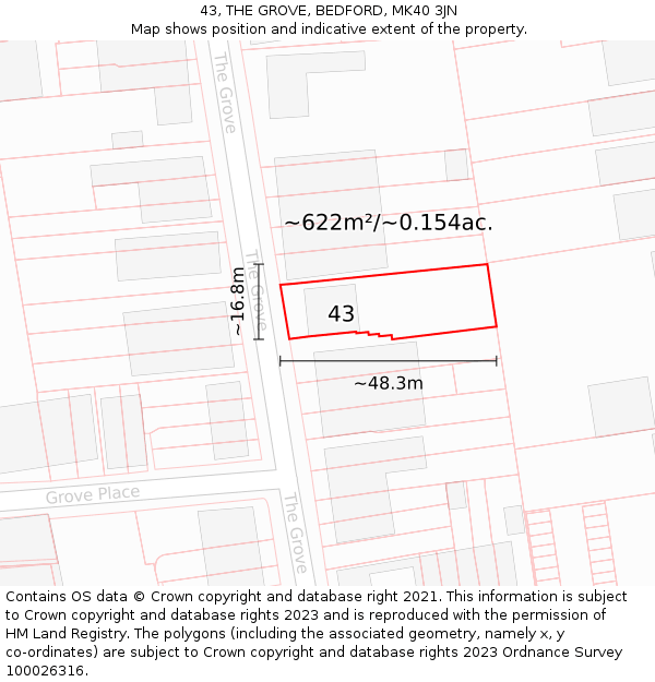 43, THE GROVE, BEDFORD, MK40 3JN: Plot and title map