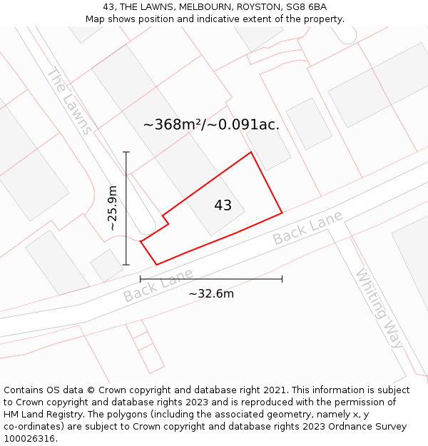 43, THE LAWNS, MELBOURN, ROYSTON, SG8 6BA: Plot and title map