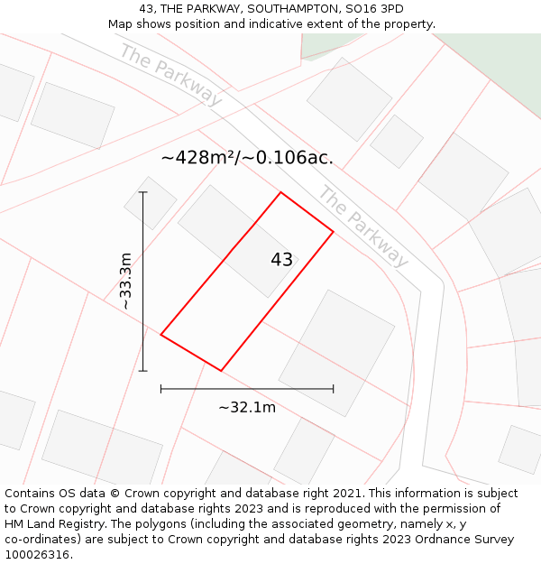 43, THE PARKWAY, SOUTHAMPTON, SO16 3PD: Plot and title map
