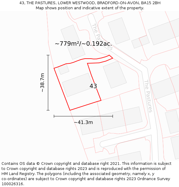 43, THE PASTURES, LOWER WESTWOOD, BRADFORD-ON-AVON, BA15 2BH: Plot and title map