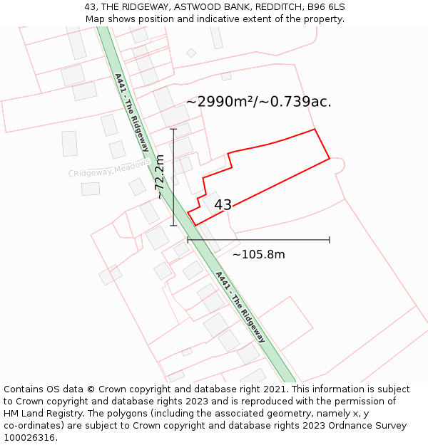 43, THE RIDGEWAY, ASTWOOD BANK, REDDITCH, B96 6LS: Plot and title map