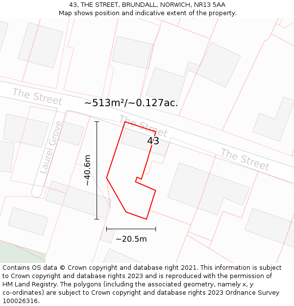 43, THE STREET, BRUNDALL, NORWICH, NR13 5AA: Plot and title map