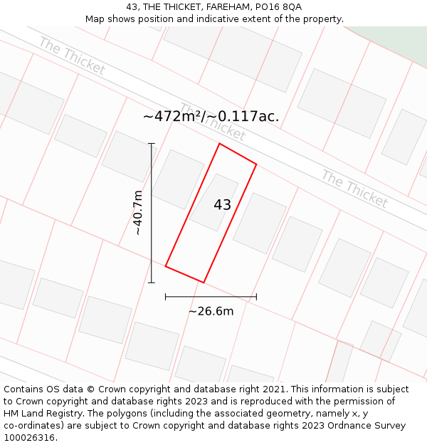 43, THE THICKET, FAREHAM, PO16 8QA: Plot and title map