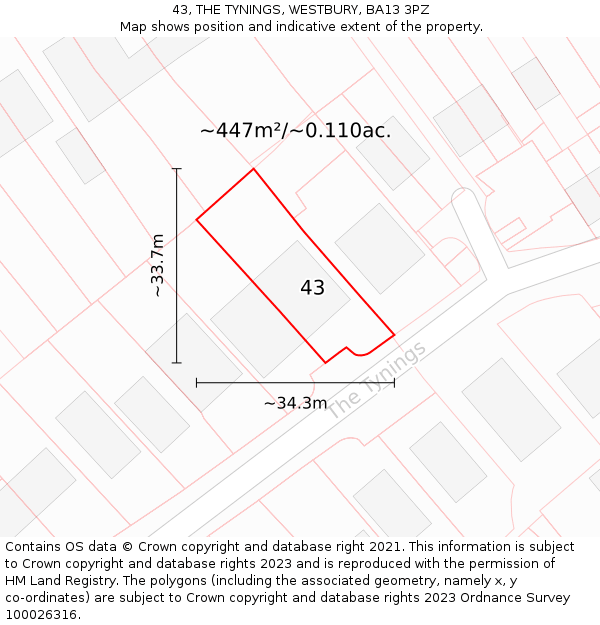 43, THE TYNINGS, WESTBURY, BA13 3PZ: Plot and title map