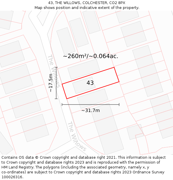 43, THE WILLOWS, COLCHESTER, CO2 8PX: Plot and title map