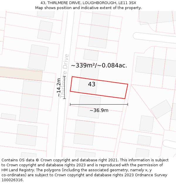 43, THIRLMERE DRIVE, LOUGHBOROUGH, LE11 3SX: Plot and title map