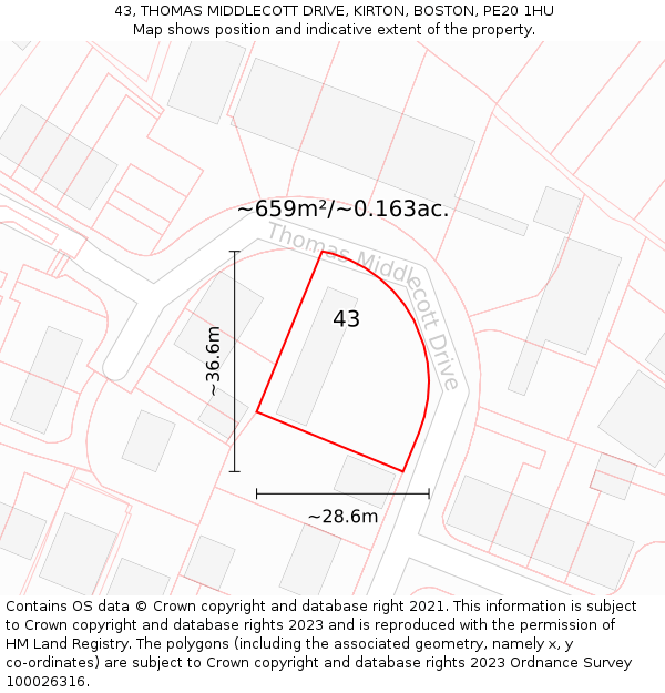 43, THOMAS MIDDLECOTT DRIVE, KIRTON, BOSTON, PE20 1HU: Plot and title map
