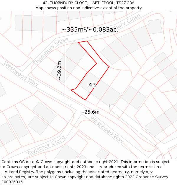 43, THORNBURY CLOSE, HARTLEPOOL, TS27 3RA: Plot and title map