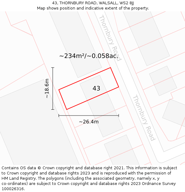 43, THORNBURY ROAD, WALSALL, WS2 8JJ: Plot and title map