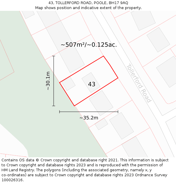 43, TOLLERFORD ROAD, POOLE, BH17 9AQ: Plot and title map