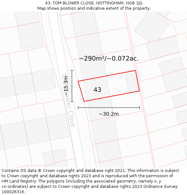 43, TOM BLOWER CLOSE, NOTTINGHAM, NG8 1JQ: Plot and title map