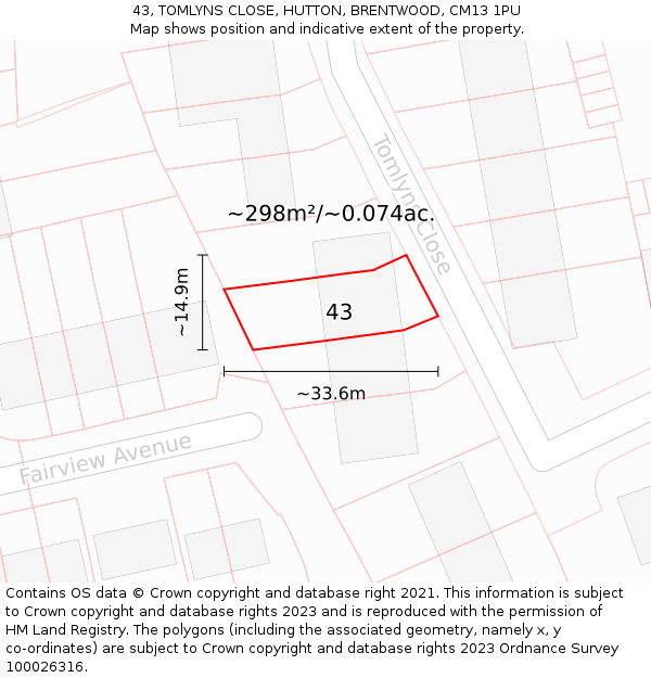 43, TOMLYNS CLOSE, HUTTON, BRENTWOOD, CM13 1PU: Plot and title map