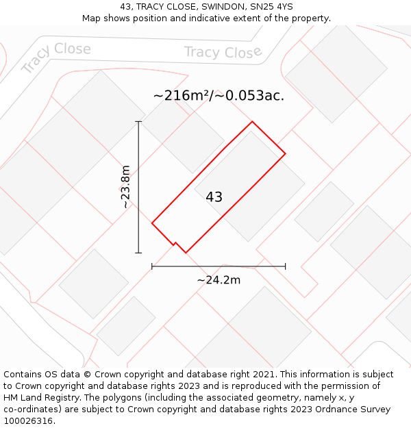 43, TRACY CLOSE, SWINDON, SN25 4YS: Plot and title map