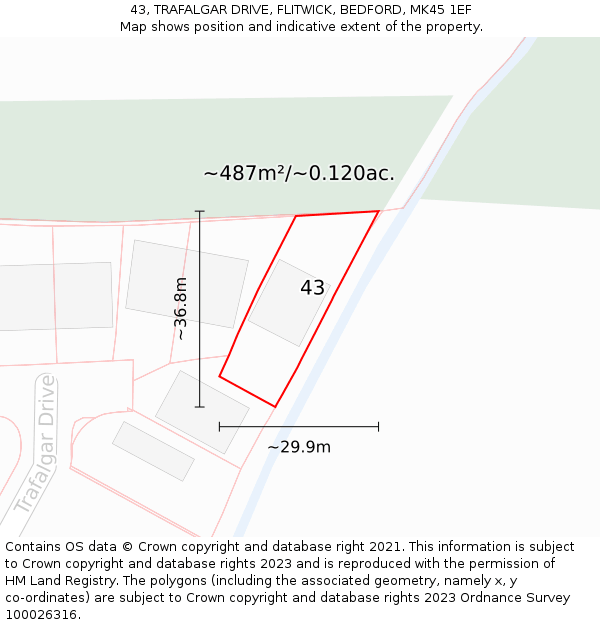 43, TRAFALGAR DRIVE, FLITWICK, BEDFORD, MK45 1EF: Plot and title map