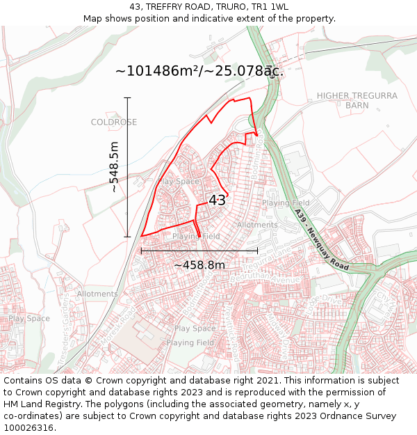43, TREFFRY ROAD, TRURO, TR1 1WL: Plot and title map