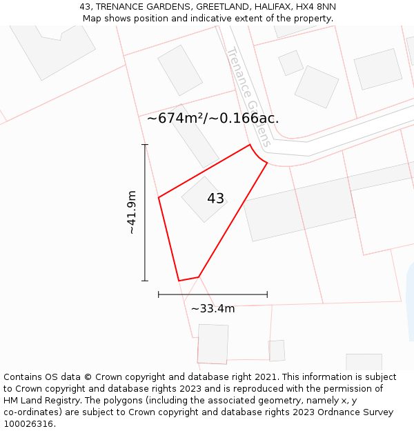 43, TRENANCE GARDENS, GREETLAND, HALIFAX, HX4 8NN: Plot and title map