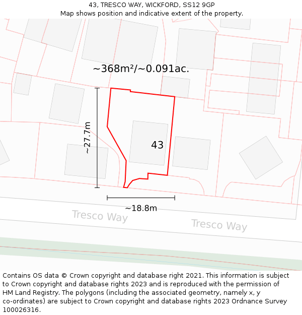43, TRESCO WAY, WICKFORD, SS12 9GP: Plot and title map