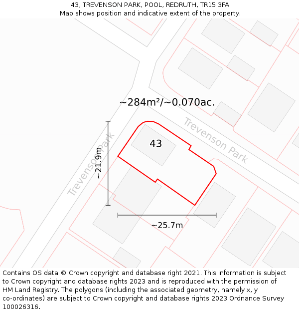 43, TREVENSON PARK, POOL, REDRUTH, TR15 3FA: Plot and title map