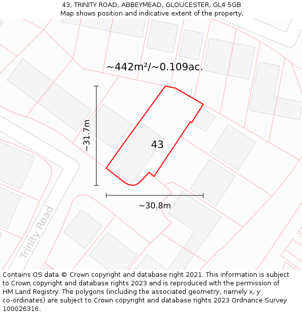 43, TRINITY ROAD, ABBEYMEAD, GLOUCESTER, GL4 5GB: Plot and title map