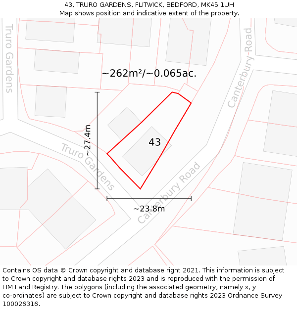 43, TRURO GARDENS, FLITWICK, BEDFORD, MK45 1UH: Plot and title map