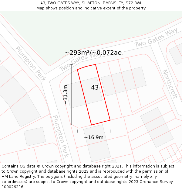 43, TWO GATES WAY, SHAFTON, BARNSLEY, S72 8WL: Plot and title map