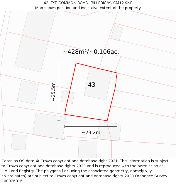 43, TYE COMMON ROAD, BILLERICAY, CM12 9NR: Plot and title map