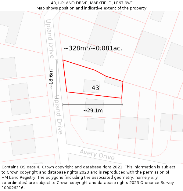 43, UPLAND DRIVE, MARKFIELD, LE67 9WF: Plot and title map