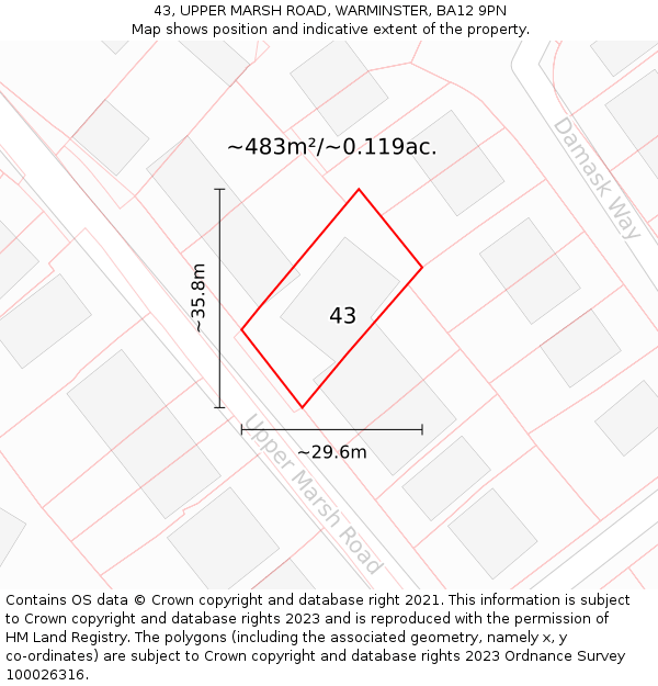 43, UPPER MARSH ROAD, WARMINSTER, BA12 9PN: Plot and title map