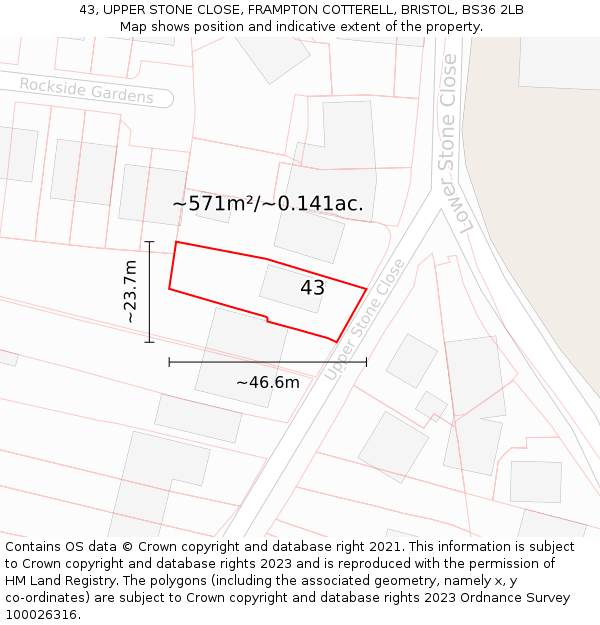 43, UPPER STONE CLOSE, FRAMPTON COTTERELL, BRISTOL, BS36 2LB: Plot and title map