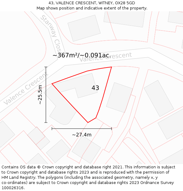 43, VALENCE CRESCENT, WITNEY, OX28 5GD: Plot and title map