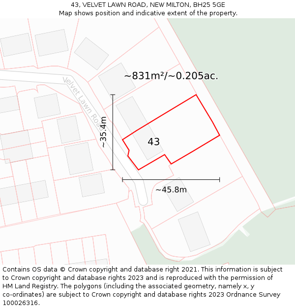 43, VELVET LAWN ROAD, NEW MILTON, BH25 5GE: Plot and title map