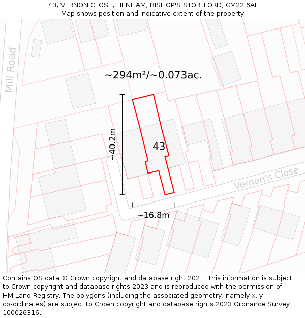 43, VERNON CLOSE, HENHAM, BISHOP'S STORTFORD, CM22 6AF: Plot and title map
