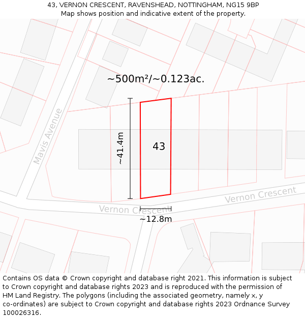 43, VERNON CRESCENT, RAVENSHEAD, NOTTINGHAM, NG15 9BP: Plot and title map