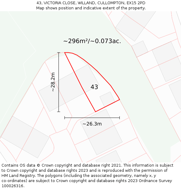 43, VICTORIA CLOSE, WILLAND, CULLOMPTON, EX15 2PD: Plot and title map