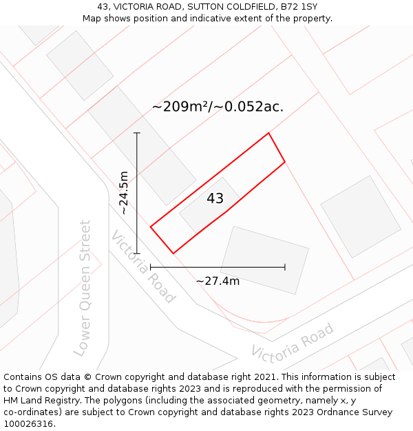 43, VICTORIA ROAD, SUTTON COLDFIELD, B72 1SY: Plot and title map