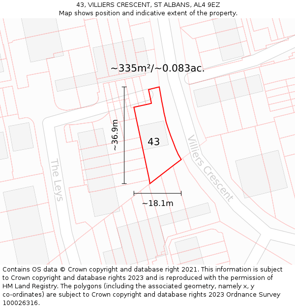 43, VILLIERS CRESCENT, ST ALBANS, AL4 9EZ: Plot and title map