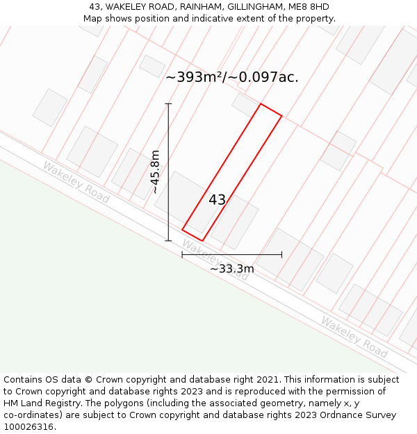 43, WAKELEY ROAD, RAINHAM, GILLINGHAM, ME8 8HD: Plot and title map