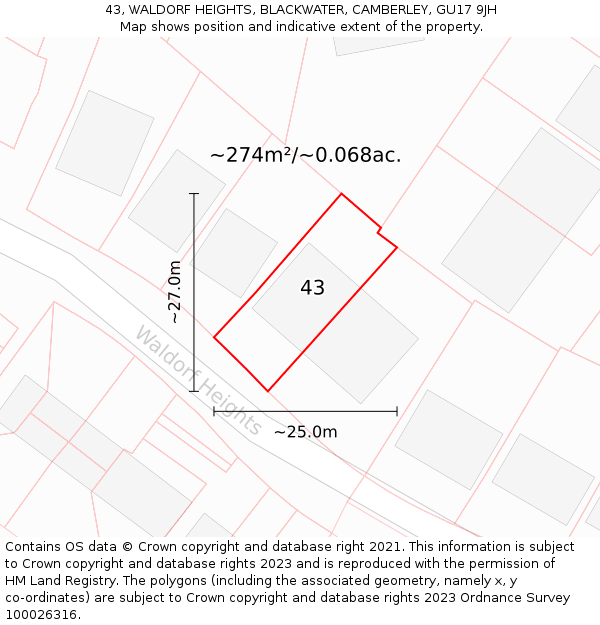 43, WALDORF HEIGHTS, BLACKWATER, CAMBERLEY, GU17 9JH: Plot and title map