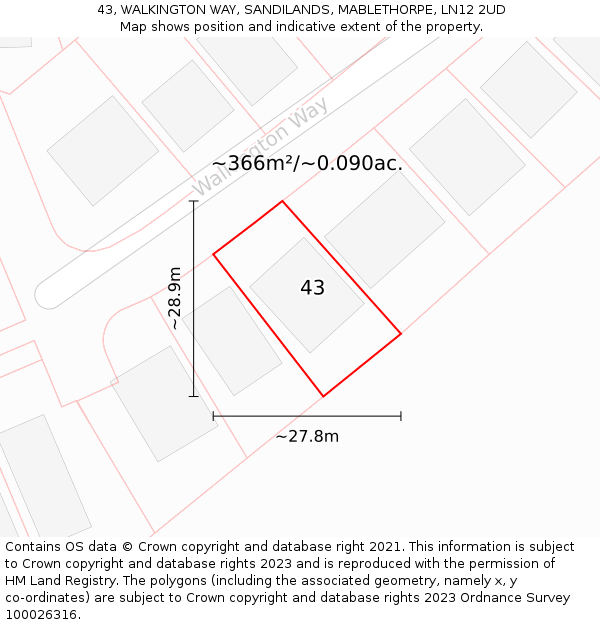 43, WALKINGTON WAY, SANDILANDS, MABLETHORPE, LN12 2UD: Plot and title map