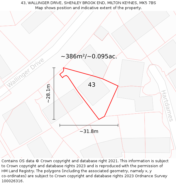 43, WALLINGER DRIVE, SHENLEY BROOK END, MILTON KEYNES, MK5 7BS: Plot and title map