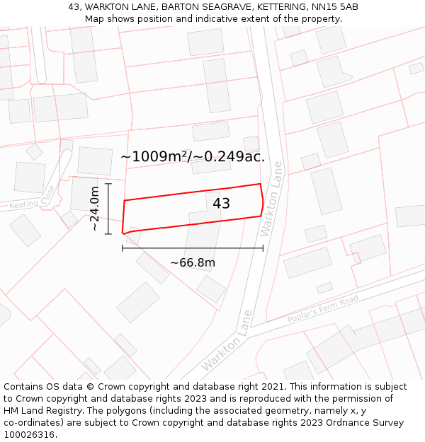 43, WARKTON LANE, BARTON SEAGRAVE, KETTERING, NN15 5AB: Plot and title map
